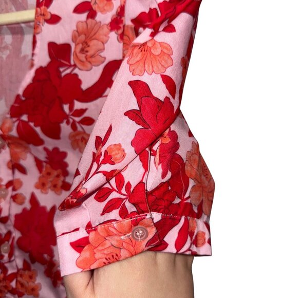 Lulus Floral Button-Up Blouse Crop Top Small V-Neck Short Sleeve Pink & Red - Picture 5 of 7